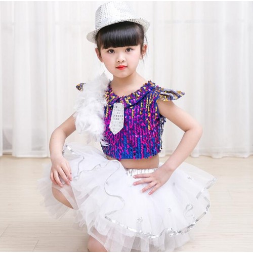 Girls modern dance jazz performance dresses singers kids children school competition hiphop  sequined jazz dancing outfits